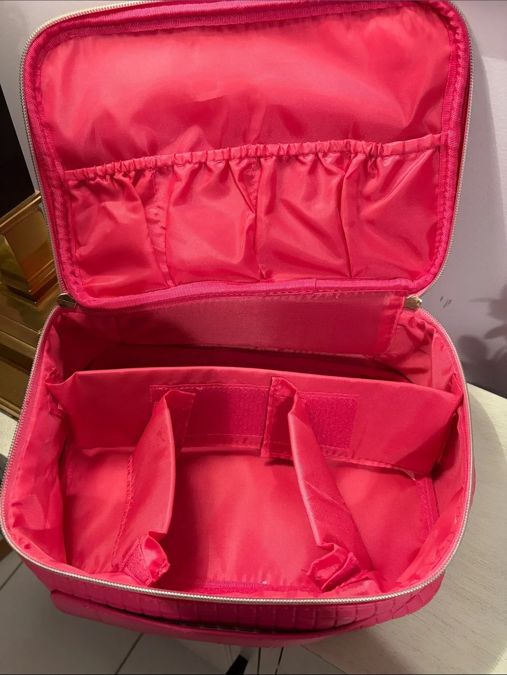 Quilted Pink Travel Cosmetic Case with Gold Zip